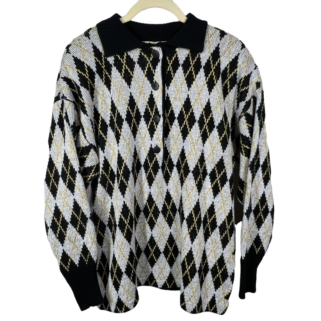 Vtg Diane Von Furstenburg 80’s Argyle Sweater Silver Gold Black Women’s Large